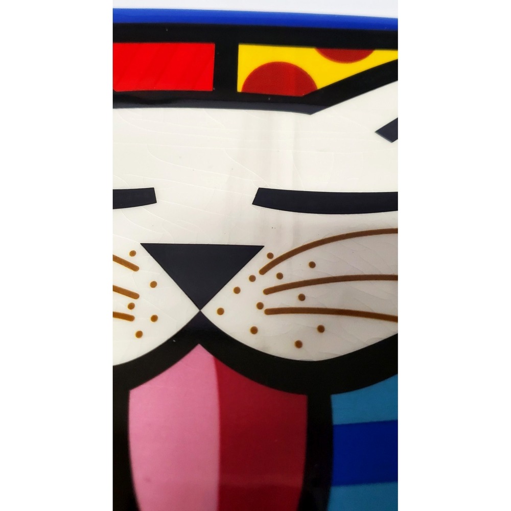 Romero Britto Bold Multicolored Ceramic Plate Happy Cat 8"x8" Crackle Glaze 2008 - Picture 9 of 9
